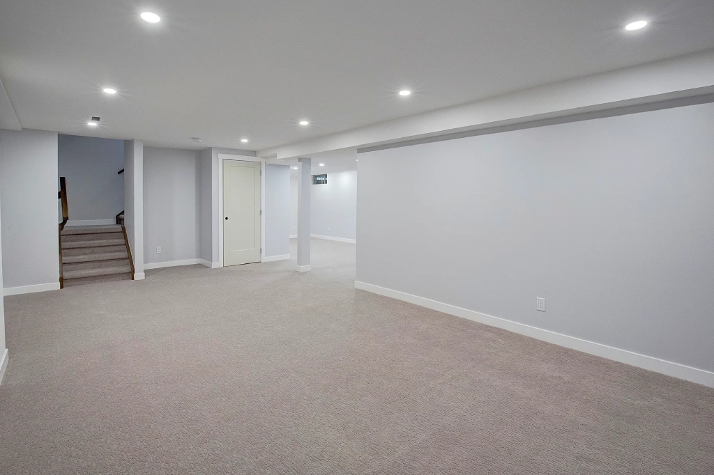 A room with a white wall and beige carpet.