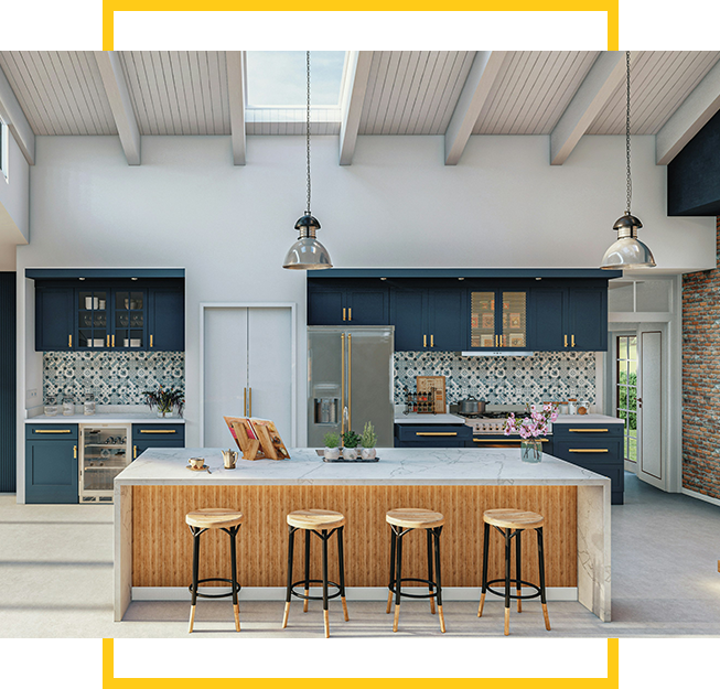 A kitchen with blue cabinets and yellow accents.